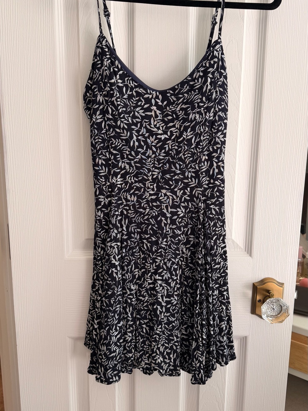 French Kiss Navy Leaf Print Spaghetti Strap Mini Dress - S